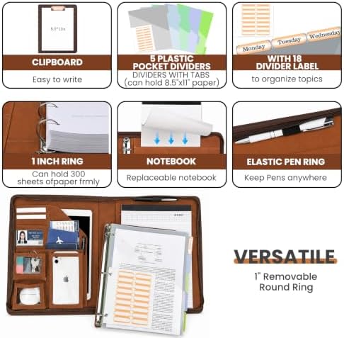 Clipboard with Storage for Men Women, Leather Padfolio Portfolio with Zipper, 1 Inch 3 Ring Binder 5 Dividers, Notepad for Letter Size, Elastic Closure and Pen Loop, Card Slot，Brown - Image 3