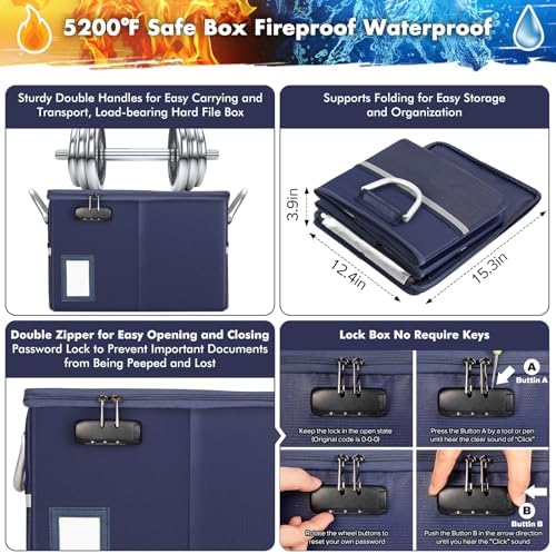 TOMKID 5200°F Fireproof Document Box, Fire Important Document Organizer with Lock, Upgraded Heat Insulated Filing Storage Cabinet Office Organization (5200°F Fireproof Box, Blue) - Image 2