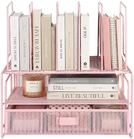 BLU MONACO | Pink Desk Organizer with Drawer | Wire Mesh Desk Organizer File Sorter | Metal Desktop Storage for Office Workspace by Blu_Monaco