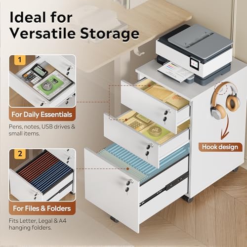 DEVAISE 3 Drawer Wood File Cabinet with Individual Locks, White - Image 5