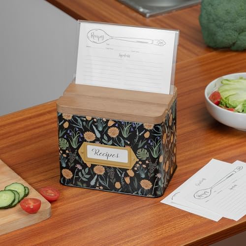 Cabbrix Recipe Box with 50 Cards and 24 Dividers, 4x6 Recipe Card Box Set, Wooden Lid with Phone Holder and Recipe Holder, Beautiful Metal Recipe Organizer, Floral - Image 4