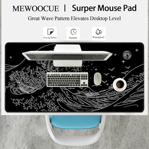 MEWOOCUE® Large Gaming Mouse Pad for Computer,Black Japanese Sea Wave Anime Mouse Mat,Long XXL Waterproof Keyboard Pads,Big Non-Slip Mouse Pads for Game Office Home（47.2 x 23.6 in） - Image 4