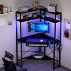 Corner Desk with Hutch and LED Light, Keyboard Tray, Black - Image 6