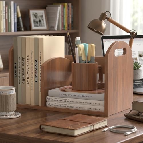 Wood Desktop Bookshelf, Upright Tabletop Book Shelf With Adjustable Divider Secure Books in Place, Desk Shelf for Top of Desk in Living Room Home Office, Perfect for Books Magazine File (Walnut Brown) - Image 2