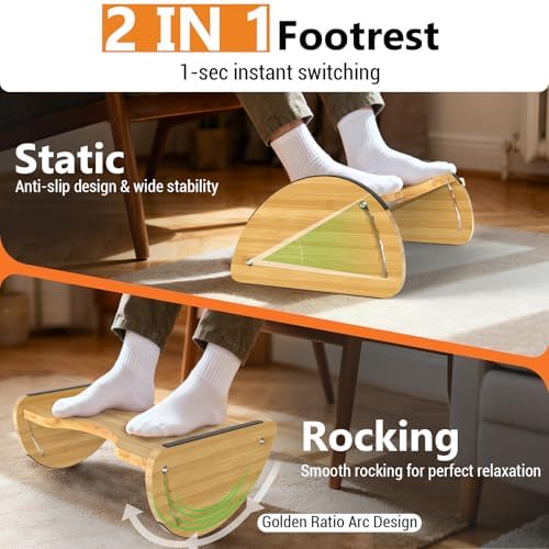 Bamboo Foot Rest for Under Desk at Work - Reversible Rocking Desk Footrest 2-in-1 with 6 Adjustable Heights, Ergonomic Foot Rest Under Desk with Anti-Slip Surface for Home, Office and Gaming - Image 2