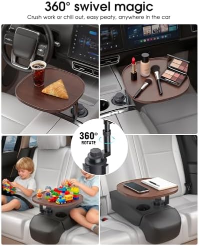 Car Tray Table & Car Laptop Desk with 360° Rotation & Phone Holder - Wooden Cup Holder Table, Car Laptop Mount & Food Tray Compatible with Tesla Model Y/3/S and Most Vehicles Walnut - Image 6