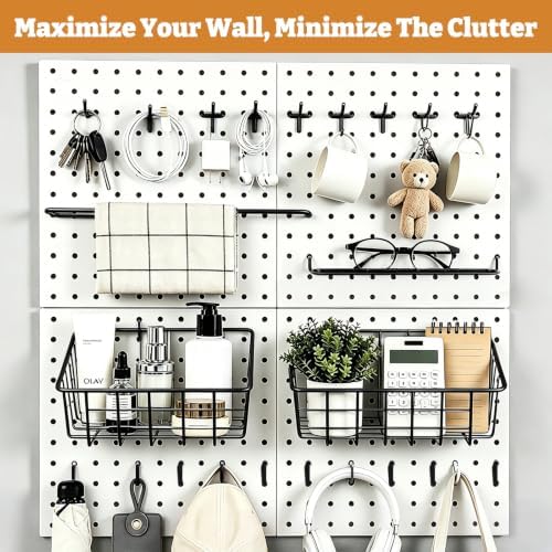 24PCS Pegboard Accessories Organizer Kit, Dual-Lock Pegboard Hooks with Locking Pins, 2 Wire Storage Baskets, Paper Towel Holder, 6-Hook Rack, Heavy Duty Steel Pegboard Storage Organizer, Black - Image 3