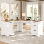 Whalefall 67'' Farmhouse L-Shaped Desk with Drawers for Home Office, White by Whalefall