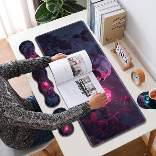Large XXL Gaming Desk Mat 31.5"x 11.8", Ergonomic Keyboard Wrist Rest & Mouse Pad Wrist Rest + Coaster Set, Non-Slip Base, Memory Foam, Office and Home, Rose Skull - Image 7