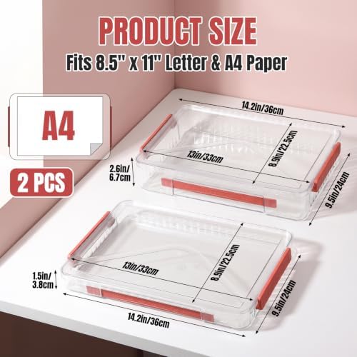 Clear Document Box, A4 Paper Storage Organizer with Snap Latches, Stackable File Case for Certificates Photos Letter Size, 14.37" x 9.44" x 1.37" & 14.37" x 9.44" x 2.75", Red - Image 2
