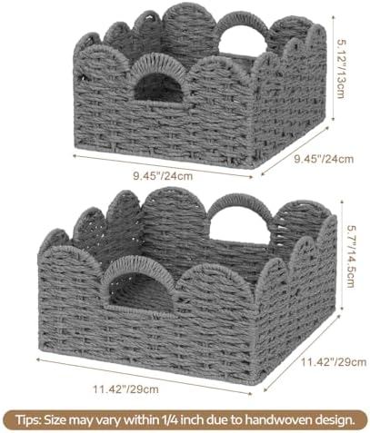 Storage Baskets for Shelves Scalloped Desk Organizer Paper Rope Bin Grey - Image 3