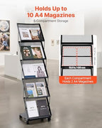 VEVOR Brochure Display Rack, Foldable 5 Pockets Magazine Literature Display Stand, Movable Floor Standing Magazine Rack with Wheels, Metal Newspaper Catalog Holders for Shop Exhibitions Office Show - Image 2