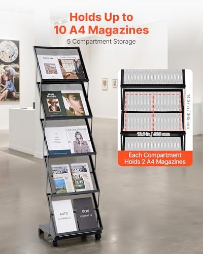 VEVOR Brochure Display Rack, Foldable 5 Pockets Magazine Literature Display Stand, Movable Floor Standing Magazine Rack with Wheels, Metal Newspaper Catalog Holders for Shop Exhibitions Office Show - Image 2