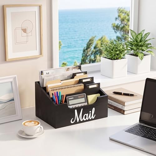 Rustic Wood Mail Organizer Countertop with 4 Slots, Black Mail Holder for Desk, Removable Dividers Mail Sorter, Letter Bill File Organizer for Home Office Classroom, Desktop Organizer with Free Labels - Image 3