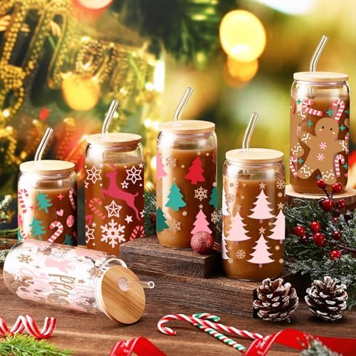 SiliFine 6 Pcs Christmas Glass Cups, 16 oz with Lids and Straws - Image 2