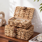 Unittype Set of 2 Wicker Storage Basket with Lid Water Hyacinth Decorative - Image 4
