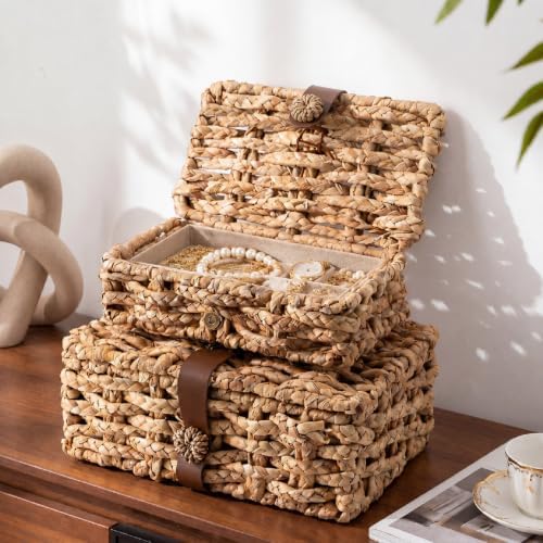 Unittype Set of 2 Wicker Storage Basket with Lid Water Hyacinth Decorative - Image 4