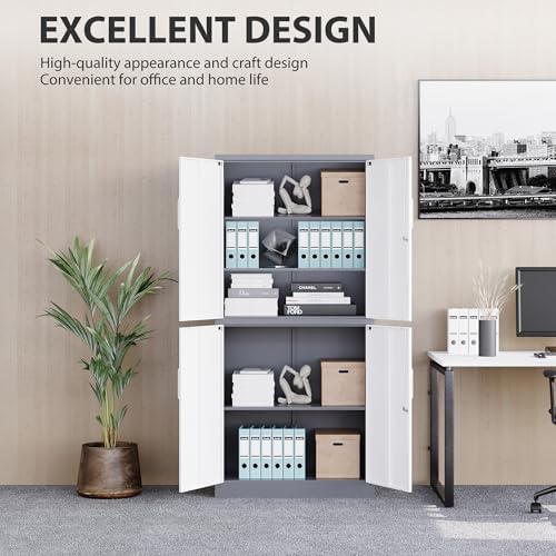 SISESOL Storage Cabinets with Doors and Shelves, 71'' Metal Garage Cabinet Locking, Adjustable Layers for Home Gym, Bathroom, Kitchen, Office, Gray White - Image 6