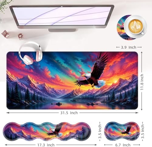 Large Keyboard Mouse Pad Set, Extended Mouse Pad+Keyboard Wrist Rest Support, Memory Foam Ergonomic Easy Typing, 4Pcs (31.5×11.8 in) Desk Pad Set for Office Home,Beautiful Bald Eagle Flying - Image 6