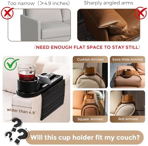 Couch Cup Holder for Armrests Over 4.9" Wide with 360° Phone Stand Black - Image 2