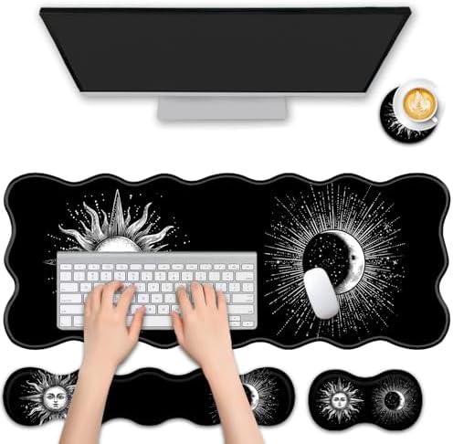 4 in 1 Desk Mat Set,Mouse Pad with Keyboard Wrist Rest,Wave-Shaped Design,Non-Slip Rubber Base,Waterproof,for Home,Office,Gaming,Sun and Moon by FGDRFGRW