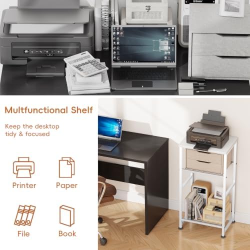 Industrial 3 Tier Printer Stand Fits A4/Letter Size, Home Printer Wood Table with Wire Storage Shelf for Scanner Fax Machine, Heavy Duty Metal, White with Burly Wood Board - Image 4