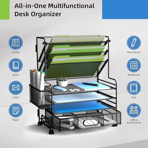MINDEPOT 4-Tier Paper Organizer + 3-Pocket File Holder + Drawer + Pen Holders, Desktop File Organizers Paper Tray for Office Accessories School Classroom Organization (Black) - Image 4