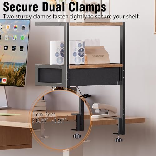 VENNQD Clamp On Desk Shelf, 2-Tier Desktop Organizer, Wood Desktop Supplies Tabletop Book Storage Rack with Adjustable Shelves for Table Working and Gaming Accessories, Rustic Brown - Image 5
