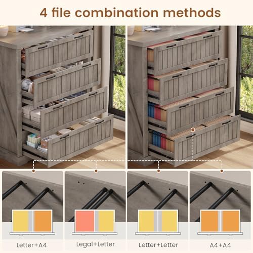 SEDETA Farmhouse 4 Drawer File Cabinet, Filing Cabinet for Home Office, Wood Office File Cabinets for Letter/Legal/A4 Size, File Cabinet Organizer with Printer Stand for Study Room, Living Room, Grey - Image 4