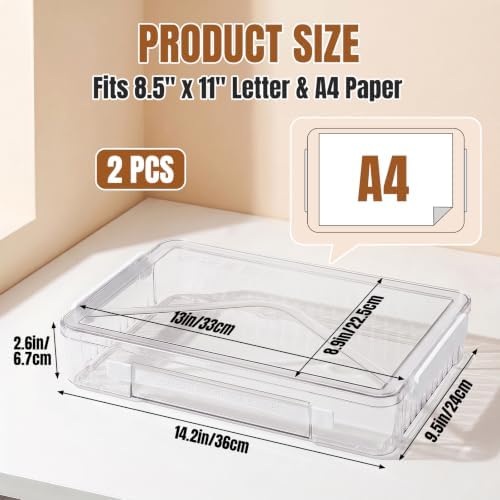 Clear Document Box, Deep A4 Paper Storage Organizer with Snap Latches, Stackable File Case for Certificates Photos Letter Size, Magazine Protector, 14.37" x 9.44" x 2.75" (2 Pack), White - Image 2