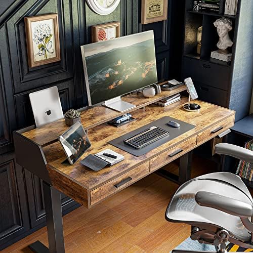 CubiCubi One-Piece Standing Desk 55x26 with 3 Wood Drawers, Rustic Brown - Image 2