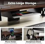 Fenge Dual Monitor Stand, Wooden Desk Shelf with Headphone & Phone Holder - Image 3