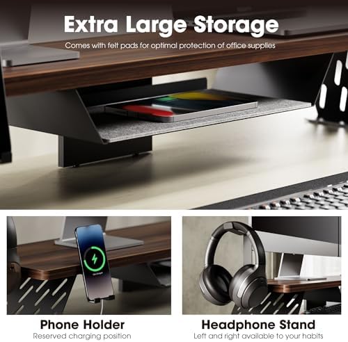 Fenge Dual Monitor Stand, Wooden Desk Shelf with Headphone & Phone Holder - Image 3