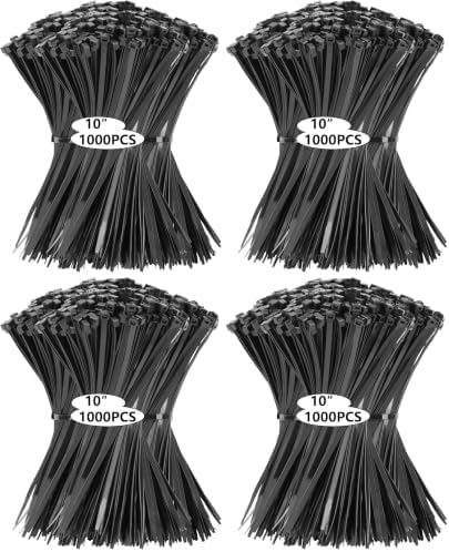 1000PCS 10 inch Black Zip Ties 75LBS Tensile Strength Self-Locking heavy duty UV Resistant Cable Tie Wraps for indoor and outdoor use(Black) (Pack of 4) by MasiStranth