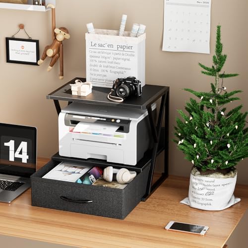 aboxoo Printer Stand for Desk with Storage Drawer, 2 Tier Desktop Or Under Desk Shelf, Multi-Purpose Desks Organizer for Home Office, fit Fax Machine/3D Printer/Scanner, Black - Image 4