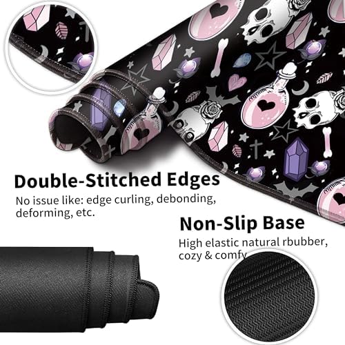 Large Gaming Mouse Pad Set 35.4 x 15.7 with Keyboard Wrist Rest, Wrist Support, and Coaster Memory Foam Smooth Desk Pad Mousepad for Home Office School - Skull Goth Magic Cute Witchy - Image 7