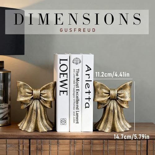 Vintage Gold Bow Book Ends Set of 2 Heavy Duty Bookends for Large & Heavy Books, Decorative Gold Bookends for Shelves, Desk & Home Office, Classic Vintage Decor Book Stoppers - Image 2