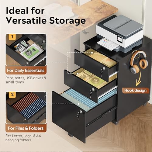 DEVAISE 3 Drawer Wood File Cabinet with Individual Locks, Black - Image 5