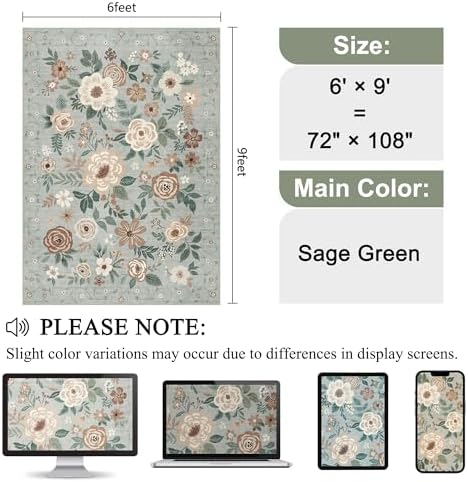 DUKINO 6x9 Area Rugs, Floral Washable Rug for Bedroom Non Slip, Sage Green - Image 2