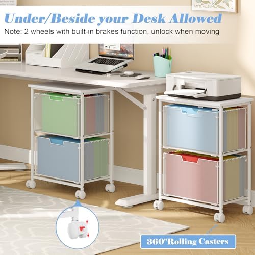 Sbanmao Letter/Legal Rolling File Cabinet, Rolling File Cart with 2 Drawers Filing Cabinet for Home Office, Hanging File Folders Organizer for Under Desk Storage, Mobile Printer Stand, White - Image 3