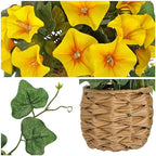 Briful 2 Pack Fake Morning Glory with Handwoven Basket - 8.2" Yellow Faux Potted Flowers Silk Floral Table Centerpiece for Home Office Room Shelf Desk Decor - Image 3