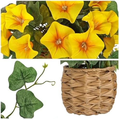 Briful 2 Pack Fake Morning Glory with Handwoven Basket - 8.2" Yellow Faux Potted Flowers Silk Floral Table Centerpiece for Home Office Room Shelf Desk Decor - Image 3