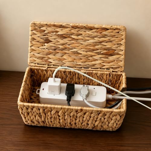 Cable Management Box, Small Cord Organizer Box for Power Strip | Handwoven Water Hyacinth Storage Basket with Metal Frame, Decorative Cable Organizer for Desk, Office, Living Room & Bedroom - Image 3