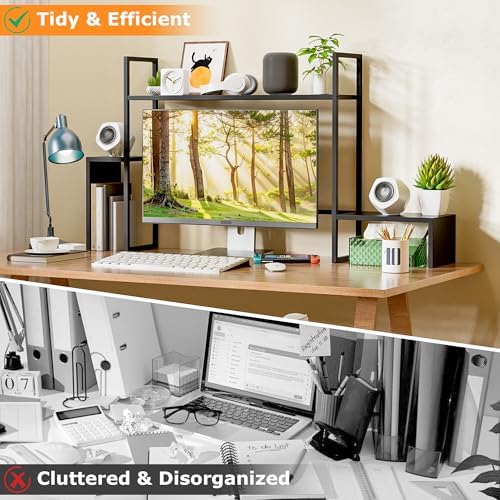 WelFurGeer LED Desk Shelf Organizer with RGB Light Strip, 2-Tier Desktop Shelf for Computer Monitor, Sturdy Metal Frame & Wood Shelves - Desk Hutch Bookshelf for Home Office, Dorm, Gaming (Black) - Image 4