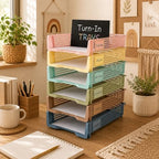 Set of 6 Boho Turn in Trays with Label Stickers for Teachers Stackable Classroom Paper Letter Trays Plastic Classroom Desk Letter Organizer Tray Storage Baskets for Library, Drawers, Office, Home - Image 4