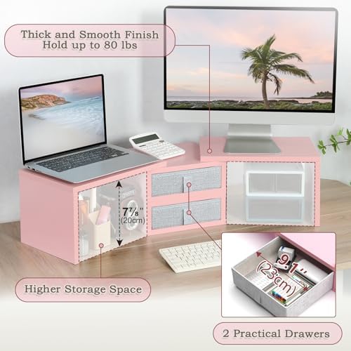 TEAMIX Pink Dual Monitor Stand Riser with 2 Drawers - Length and Angle Adjustable Double Corner Desk Shelf Organizer 37 inch for 2 Laptop/PC/Screen/TV (2 Drawers - 8''H) - Image 2