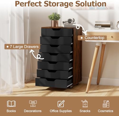 GIANTEX 7-Drawer Storage Cabinet, Mobile File Organizer with 4 Universal Casters, Wooden Vertical Filing Cabinet on Lockable Wheels for Office, Study, Living Room (19.5” x 16” x 34.5”,Brown+Black) - Image 4