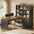 SEDETA Farmhouse L Shaped Computer Desk, 59'' Wood Office Desk with 3 Drawers and 5-Tier Bookshelf, Corner Desk with Storage Shelves and Power Outlet for Home Office Small Space, Black + Brown by SEDETA