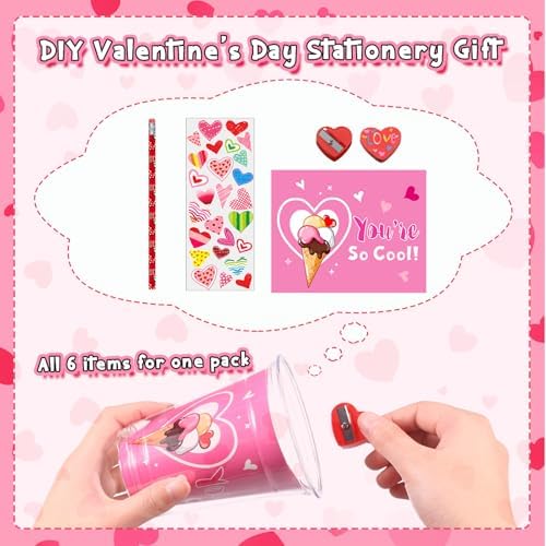 Pasimy 32 Set Valentine's Day Stationery Gift Valentine Classroom Exchange Gifts Include Cups Cards Pencils Stickers Erasers Stampers Sharpeners for Boy and Girl Prize Party Favor(Food) - Image 4