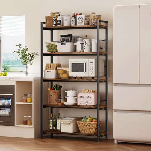 5 Tier Bookshelf 31.49" Width, Book Organizers and Storage, Wood and Metal Tall Bookcase, Rustic Book Shelf Organization and Storage for Home Living Room Bedroom Office Storage(Rustic Brown) - Image 2